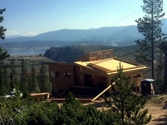 Custom home framing underway high above Lake Granby, Grand County